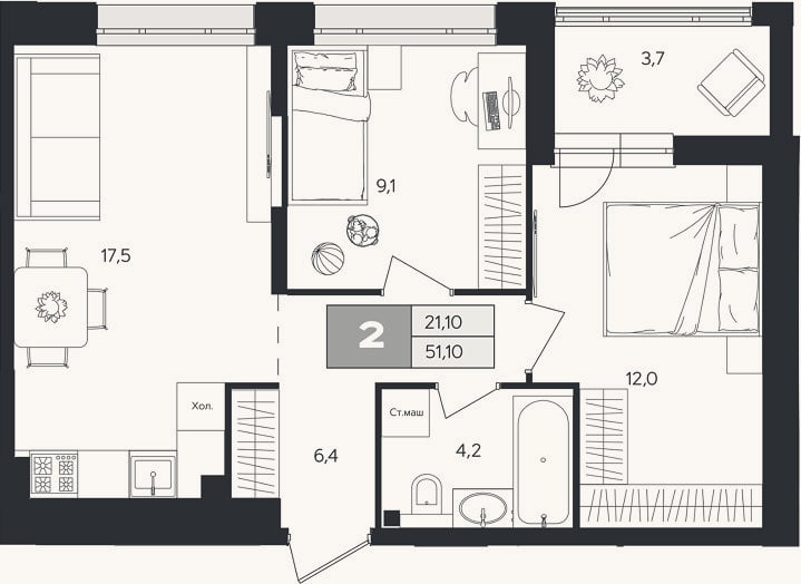 Планировка: 2-к, 49,3 м²