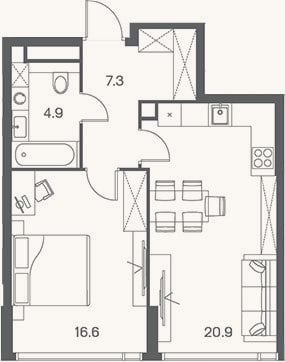 Планировка: 2-к, 49,7 м²
