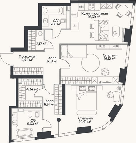 Планировка: 3-к, 80 м²
