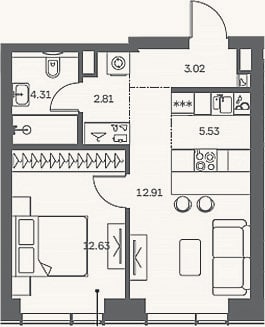 Планировка: 2-к, 41,2 м²