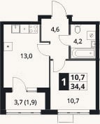 Планировка: 1-к, 32,5 м²