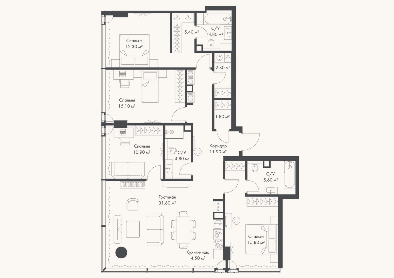 Планировка: 4+ к, 127,3 м²