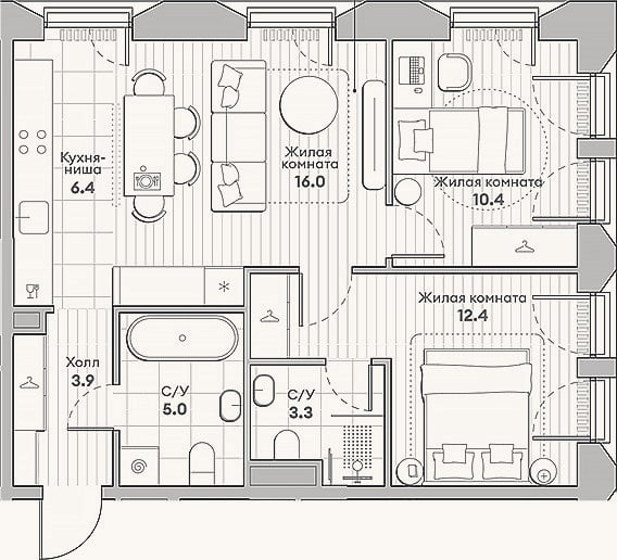 Планировка: 3-к, 57,4 м²