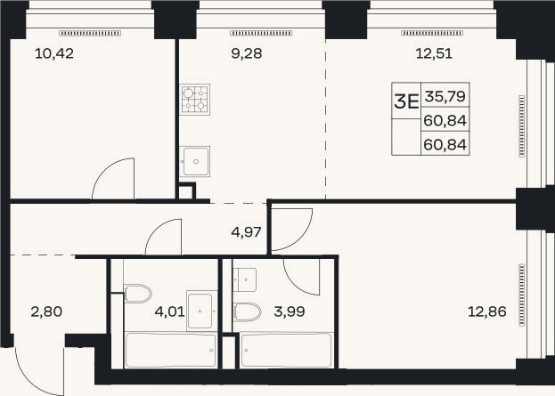 Планировка: 3-к, 60,8 м²