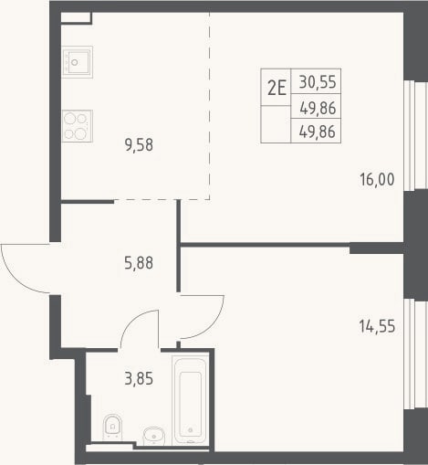 Планировка: 2-к, 49,9 м²