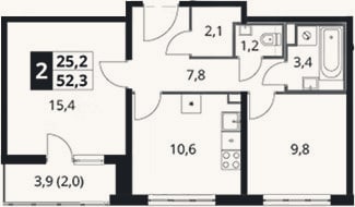 Планировка: 2-к, 50,3 м²