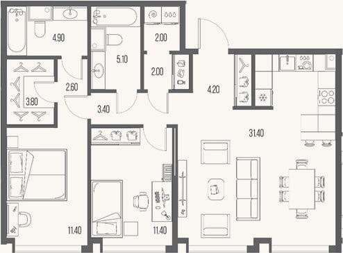 Планировка: 2-к, 82,2 м²