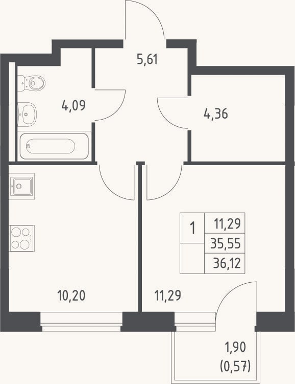 Планировка: 1-к, 35,5 м²