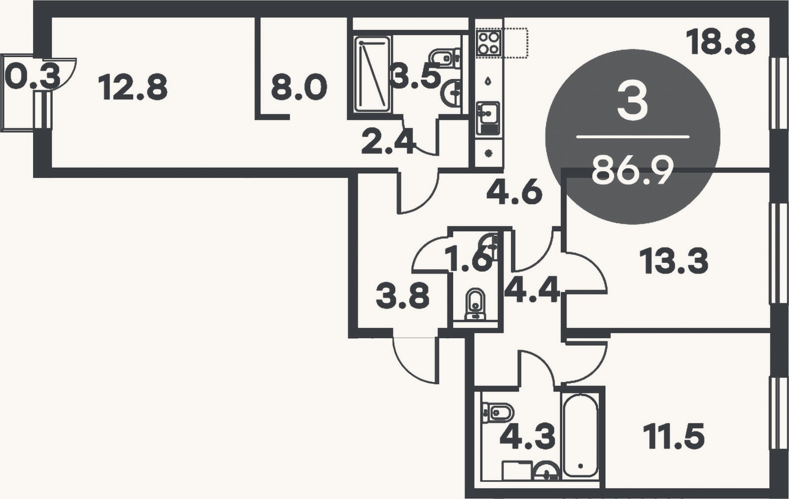 Планировка: 3-к, 86,6 м²