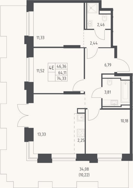 Планировка: 4+ к, 65,6 м²