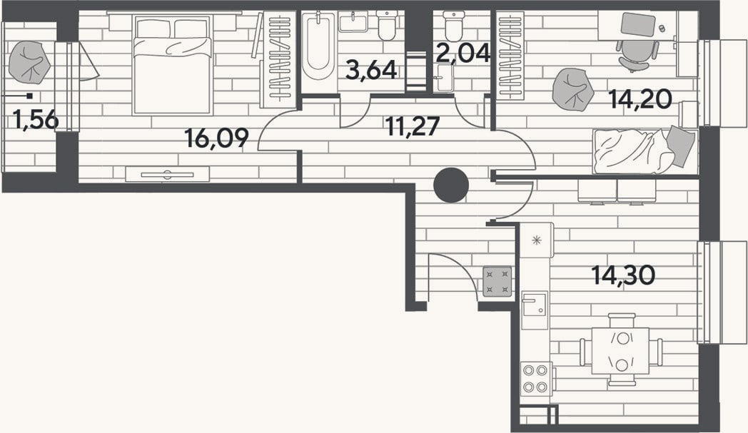 Планировка: 2-к, 65,9 м²