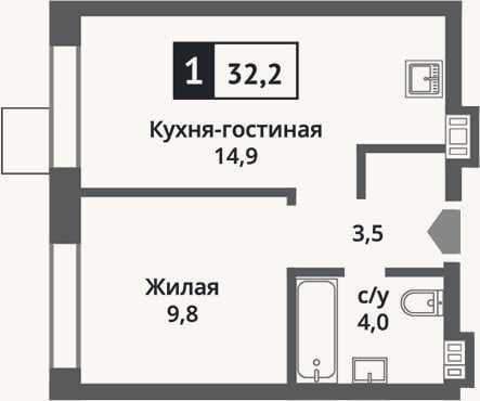 Планировка: 2-к, 32,2 м²