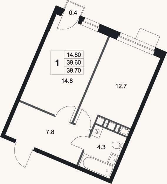 Планировка: 1-к, 39,6 м²