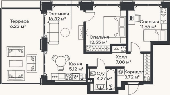 Планировка: 3-к, 60,7 м²