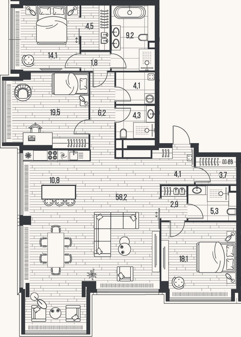 Планировка: 4+ к, 166,8 м²