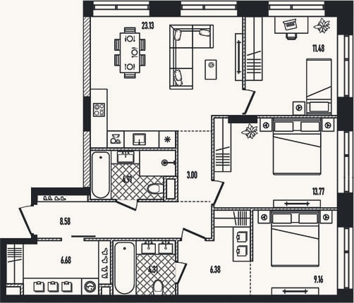 Планировка: 4+ к, 91,4 м²