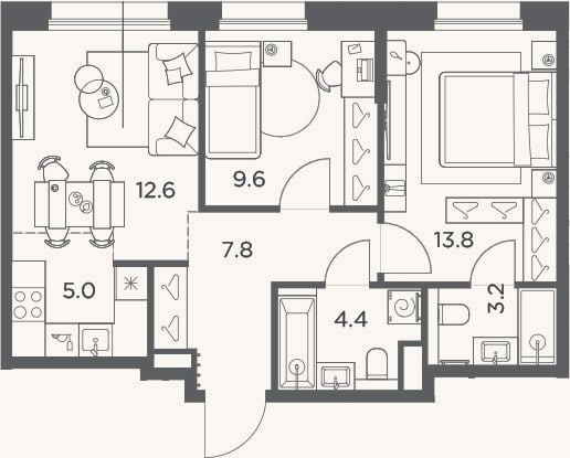 Планировка: 3-к, 56,4 м²