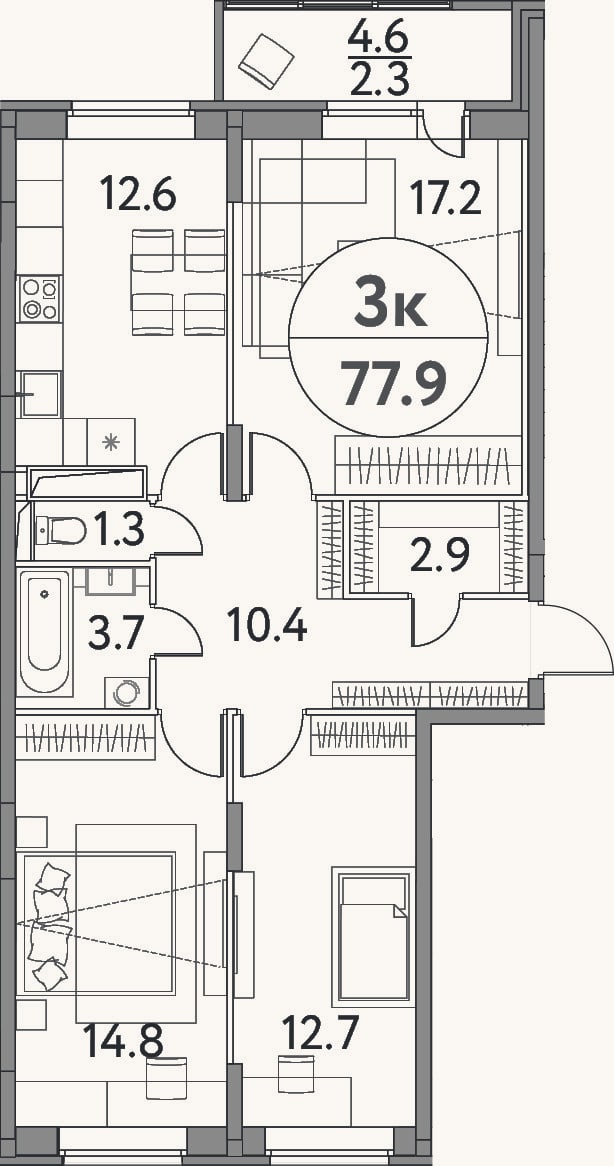 Планировка: 3-к, 75,6 м²
