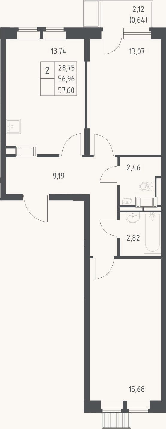 Планировка: 2-к, 57 м²