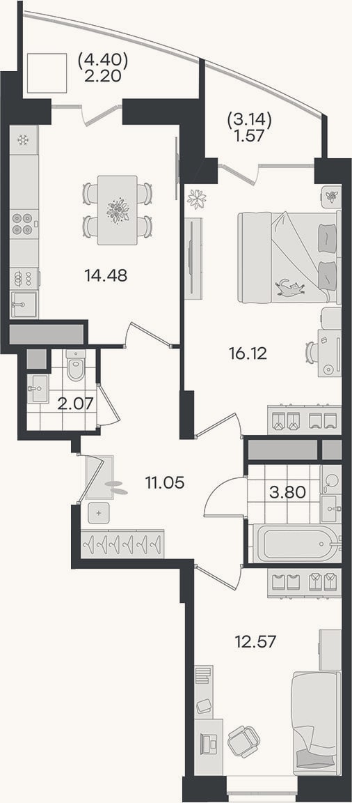 Планировка: 2-к, 60,1 м²