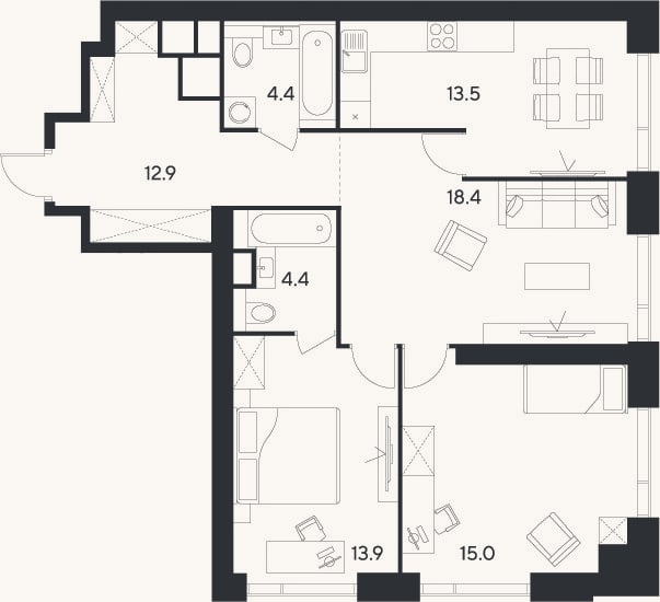Планировка: 3-к, 82,5 м²