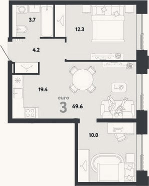 Планировка: 3-к, 49,6 м²