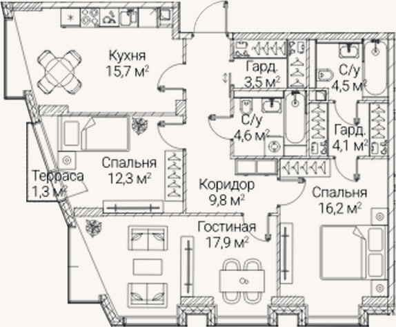 Планировка: 3-к, 87,4 м²