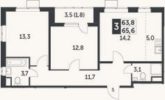 Планировка: 3-к, 63,8 м²
