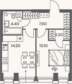 Планировка: 1-к, 41,4 м²