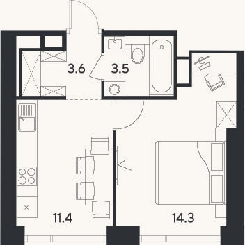 Планировка: 1-к, 32,8 м²