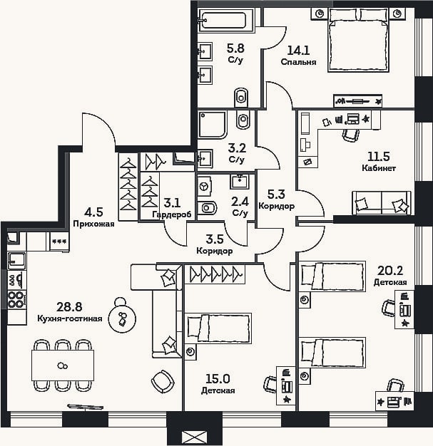Планировка: 4+ к, 118,7 м²