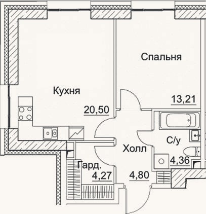 Планировка: 2-к, 47,1 м²
