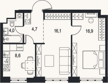 Планировка: 2-к, 50,3 м²