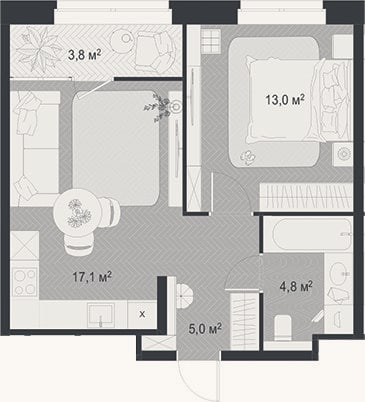 Планировка: 2-к, 39,9 м²