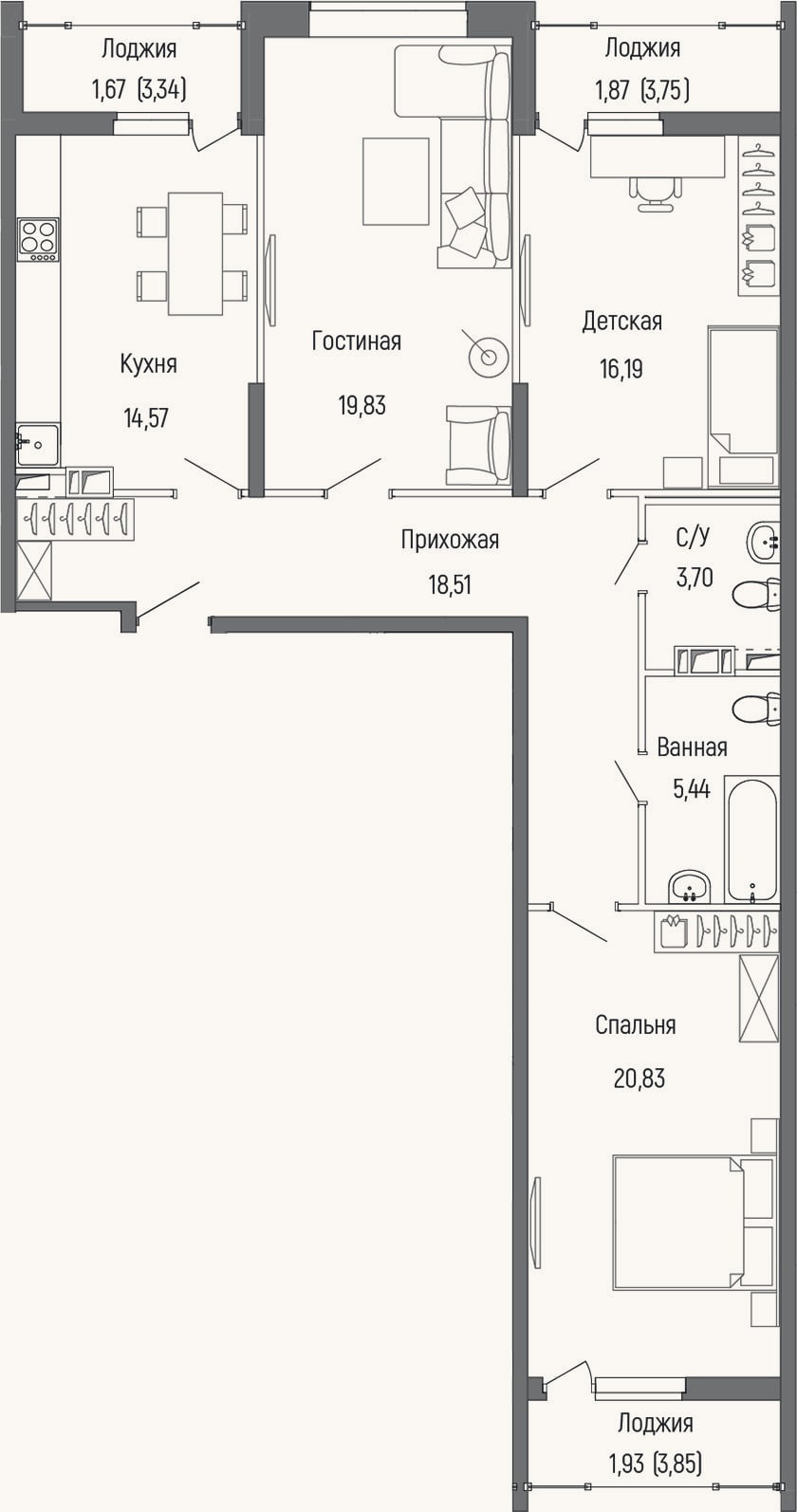 Планировка: 3-к, 99,1 м²