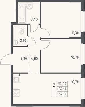 Планировка: 3-к, 52,1 м²