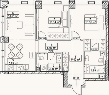 Планировка: 3-к, 61,6 м²
