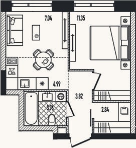 Планировка: 2-к, 33,5 м²