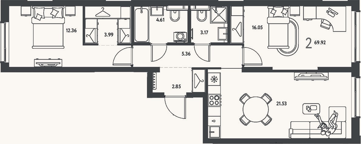 Планировка: 2-к, 69,9 м²