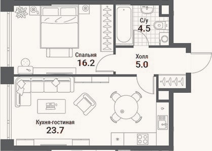 Планировка: 2-к, 49,4 м²