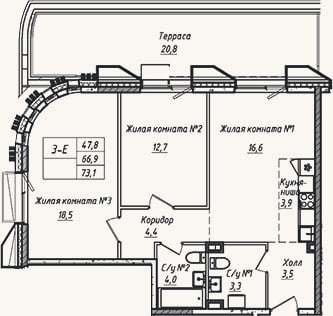 Планировка: 3-к, 66,9 м²