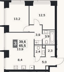 Планировка: 3-к, 65,5 м²