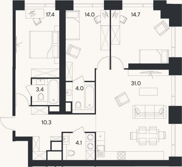 Планировка: 4+ к, 98,9 м²