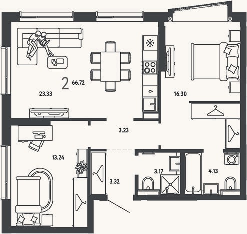 Планировка: 2-к, 66,7 м²