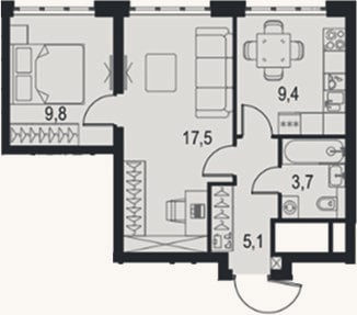 Планировка: 2-к, 45,5 м²