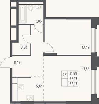 Планировка: 2-к, 52,2 м²