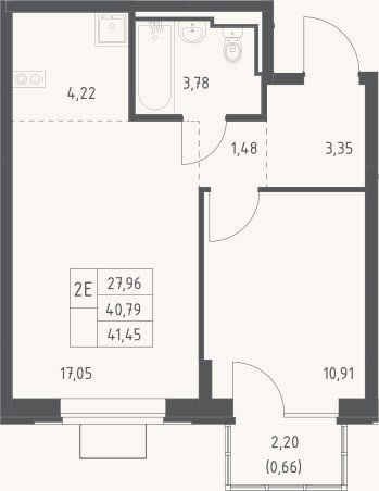 Планировка: 2-к, 40,8 м²