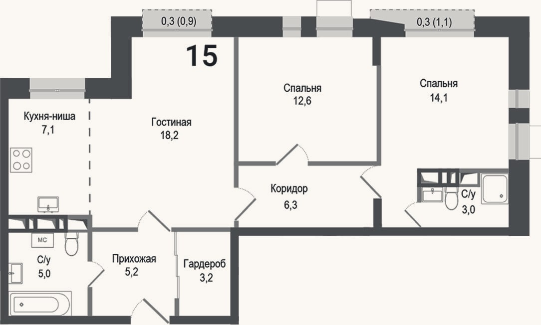 Планировка: 3-к, 74,7 м²