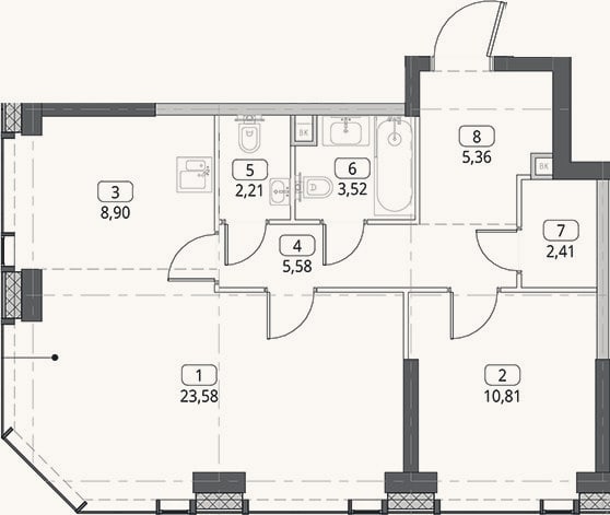Планировка: 2-к, 62,4 м²