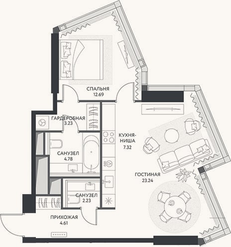Планировка: 2-к, 58,1 м²